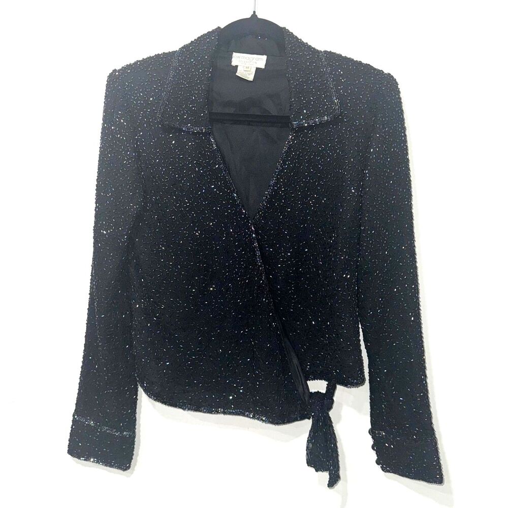 Vintage Lew Magram 100% Silk Beaded Collared Wrap Shirt - Black/Multi M